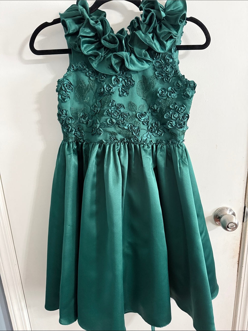 Bonnie Jean Emerald Green Ruffle Floral Satin Dress - Picture 2 of 13